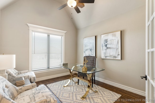 office area featuring ceiling fan, high vaulted ceiling, and dark wood-type flooring