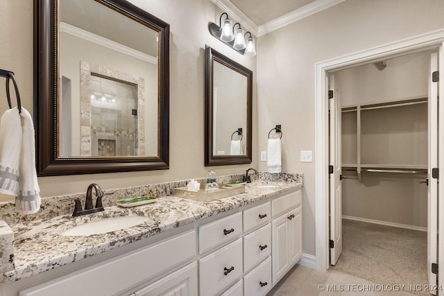 7916 N 145th E Ct, Owasso, OK 74055 - full bathroom featuring crown molding, double vanity, a walk in closet, tiled shower, and tile patterned flooring
