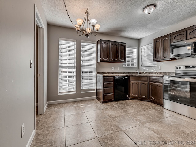 kitchen featuring dark brown cabinets, a textured ceiling, and black appliances