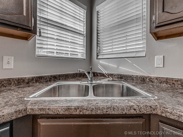 room details featuring dark brown cabinets and sink