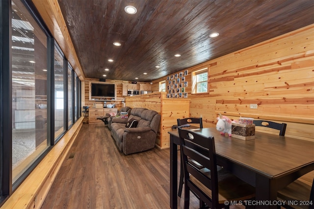 dining space featuring hardwood / wood-style flooring, wood walls, and wood ceiling