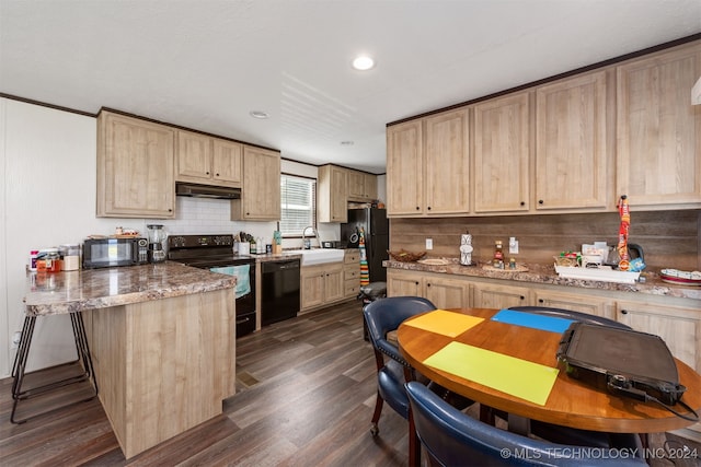 kitchen featuring backsplash, dark wood-type flooring, sink, black appliances, and light brown cabinets