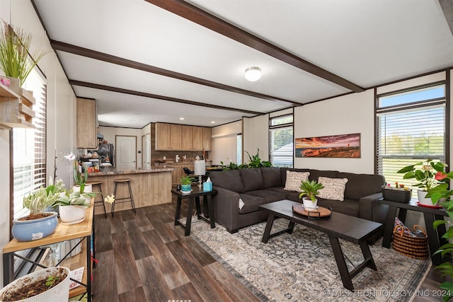 living room with beamed ceiling and dark hardwood / wood-style floors