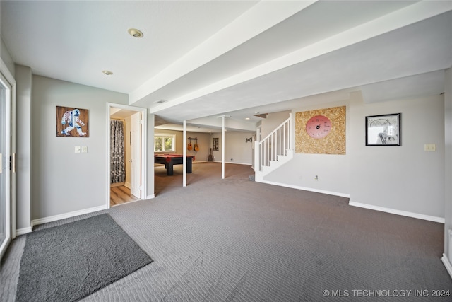 basement featuring carpet flooring and billiards