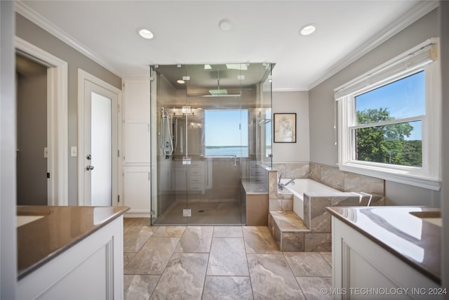 bathroom featuring separate shower and tub, vanity, and ornamental molding