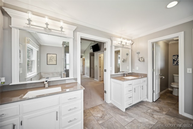 bathroom with vanity, toilet, and crown molding