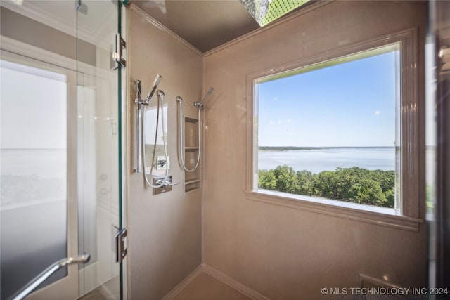 bathroom with a shower, a water view, and ornamental molding