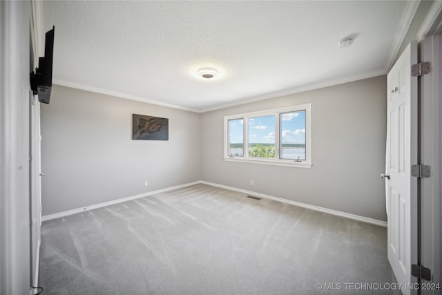 unfurnished bedroom featuring carpet, a textured ceiling, and ornamental molding