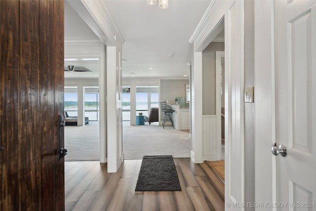 foyer entrance featuring ceiling fan, crown molding, and light hardwood / wood-style flooring