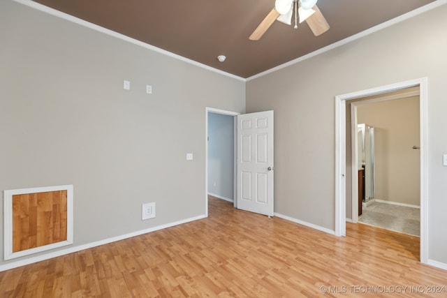 unfurnished bedroom featuring crown molding, ceiling fan, and light hardwood / wood-style flooring