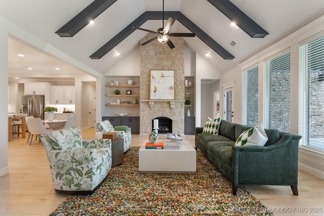 3908 S Elder Blvd, Broken Arrow, OK 74012 - living room with light wood-type flooring, high vaulted ceiling, built in features, a fireplace, and a ceiling fan