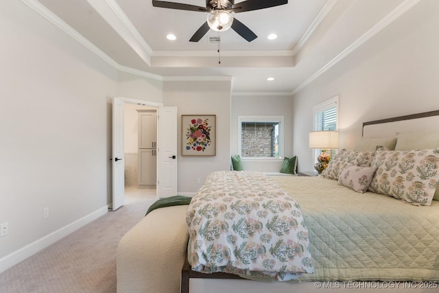 3908 S Elder Blvd, Broken Arrow, OK 74012 - bedroom with a tray ceiling, light colored carpet, crown molding, recessed lighting, and a ceiling fan
