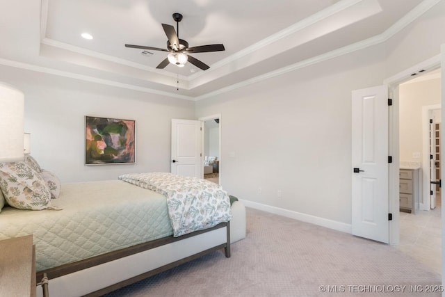3908 S Elder Blvd, Broken Arrow, OK 74012 - bedroom featuring a raised ceiling, ornamental molding, recessed lighting, light colored carpet, and ceiling fan