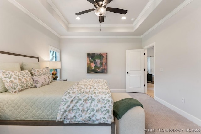 3908 S Elder Blvd, Broken Arrow, OK 74012 - carpeted bedroom featuring a tray ceiling, ornamental molding, a ceiling fan, and recessed lighting
