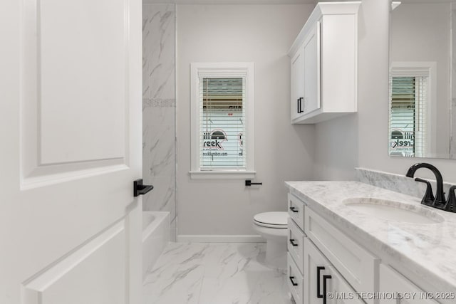 6617 S Fir Ave, Broken Arrow, OK 74134 - bathroom with vanity, marble look tiles, toilet, baseboards, and shower / bath combination