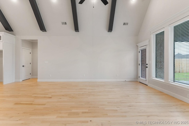 6617 S Fir Ave, Broken Arrow, OK 74134 - spare room featuring ceiling fan, beam ceiling, light wood finished floors, baseboards, and high vaulted ceiling