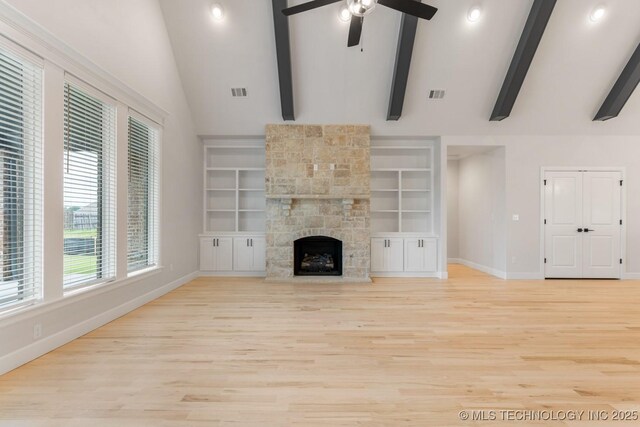 6617 S Fir Ave, Broken Arrow, OK 74134 - unfurnished living room with baseboards, ceiling fan, light wood-style floors, beam ceiling, and high vaulted ceiling