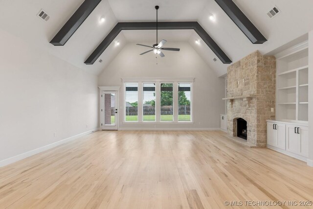 6617 S Fir Ave, Broken Arrow, OK 74134 - unfurnished living room featuring a ceiling fan, light wood finished floors, high vaulted ceiling, a fireplace, and baseboards