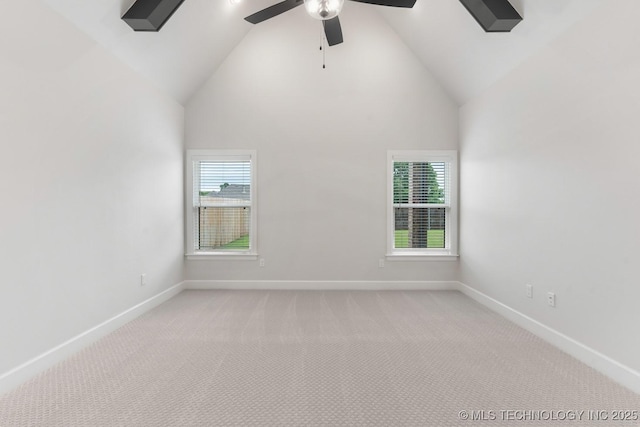 6617 S Fir Ave, Broken Arrow, OK 74134 - empty room featuring baseboards, a ceiling fan, light colored carpet, and high vaulted ceiling