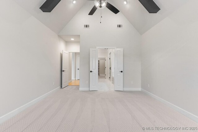 6617 S Fir Ave, Broken Arrow, OK 74134 - unfurnished bedroom featuring baseboards, high vaulted ceiling, light colored carpet, recessed lighting, and a ceiling fan
