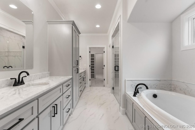 6617 S Fir Ave, Broken Arrow, OK 74134 - full bathroom with a shower stall, vanity, a walk in closet, a garden tub, and marble finish flooring