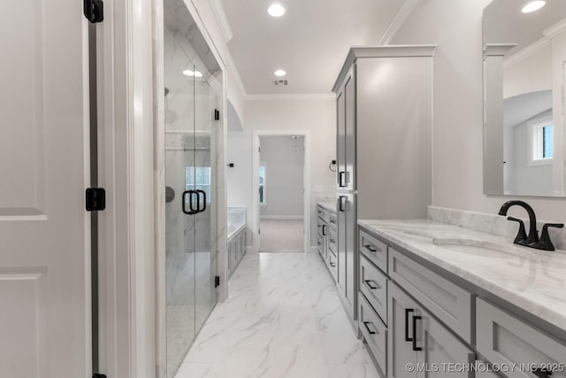 6617 S Fir Ave, Broken Arrow, OK 74134 - full bath featuring vanity, crown molding, a marble finish shower, marble look tiles, and a garden tub