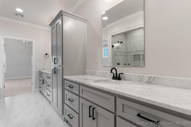 6617 S Fir Ave, Broken Arrow, OK 74134 - full bath featuring crown molding, vanity, a stall shower, marble look tiles, and recessed lighting