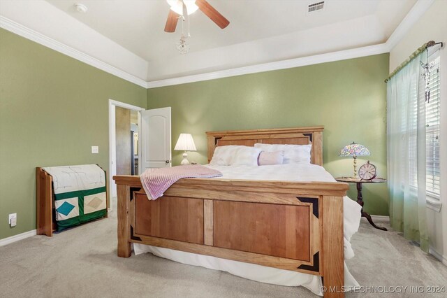 bedroom featuring light colored carpet, a tray ceiling, and multiple windows