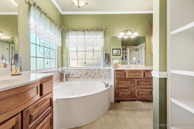 bathroom with tile patterned flooring, ornamental molding, vanity, and plus walk in shower