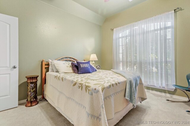 bedroom featuring vaulted ceiling and carpet