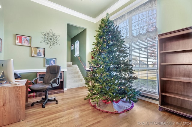 office featuring ornamental molding and light wood-type flooring