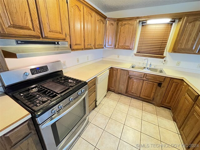 kitchen with dishwasher, stainless steel gas stove, sink, ventilation hood, and a textured ceiling