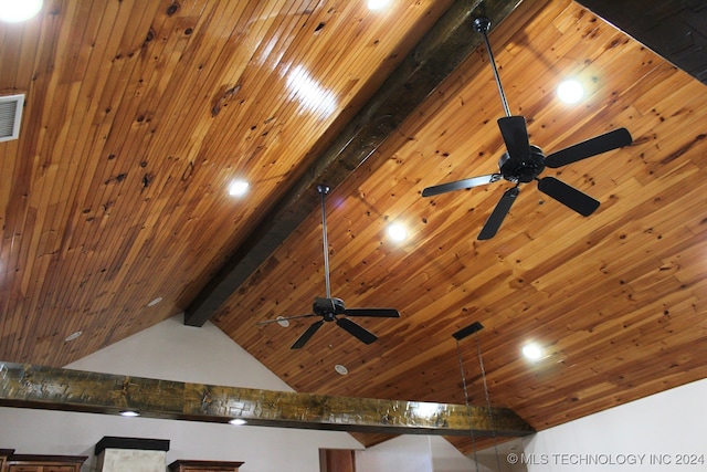 room details with beam ceiling, ceiling fan, and wood ceiling