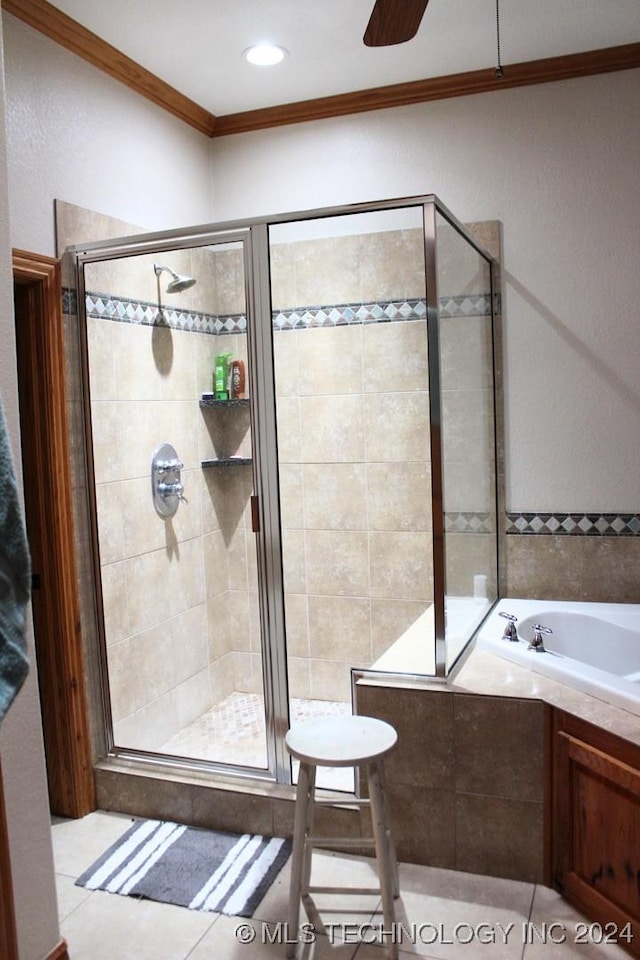 bathroom with tile patterned floors, crown molding, ceiling fan, and independent shower and bath