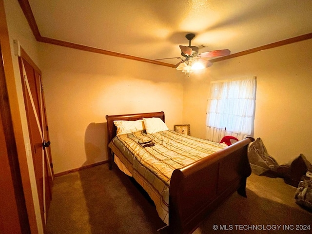 bedroom featuring dark carpet, ceiling fan, and ornamental molding