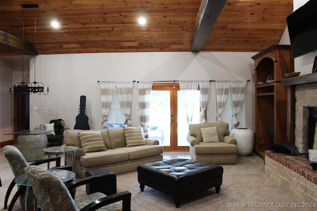 living room featuring light carpet, french doors, lofted ceiling with beams, wooden ceiling, and a fireplace