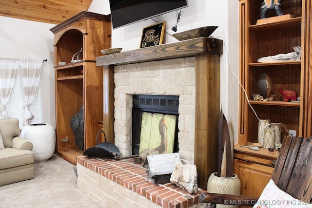 details with carpet flooring and a fireplace