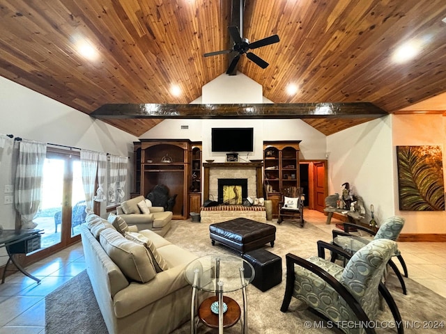 living room with vaulted ceiling with beams, light tile patterned flooring, wooden ceiling, and ceiling fan