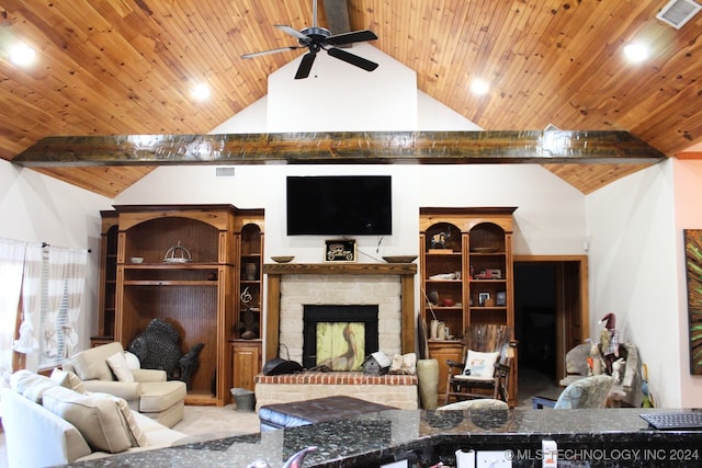 living room with beam ceiling, ceiling fan, high vaulted ceiling, and wooden ceiling