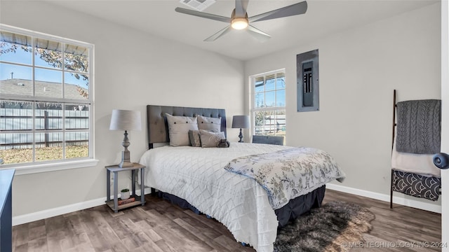 bedroom featuring electric panel, ceiling fan, and wood-type flooring