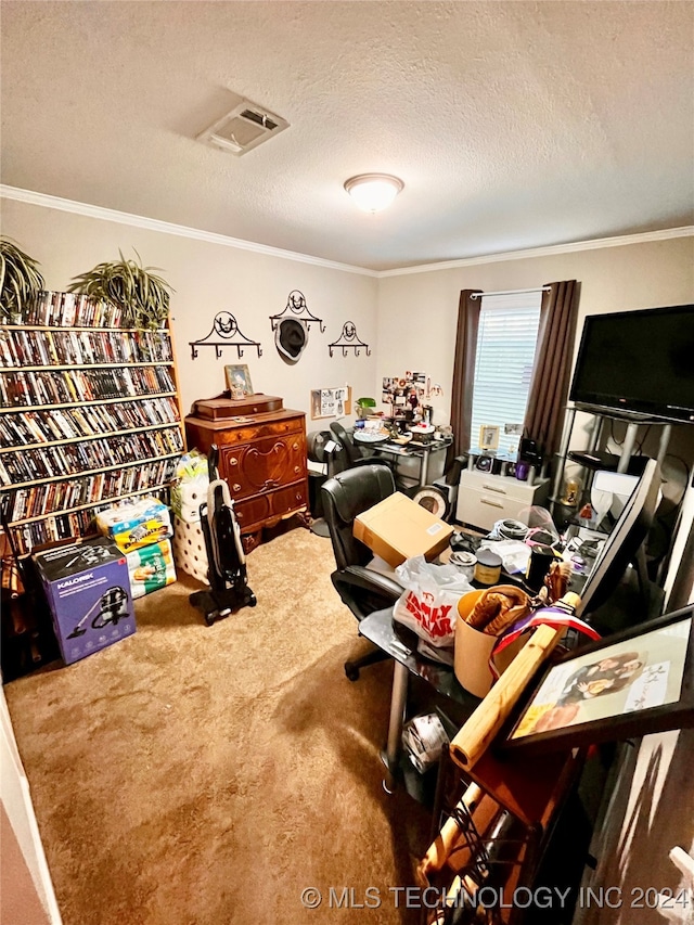 carpeted office space with crown molding and a textured ceiling