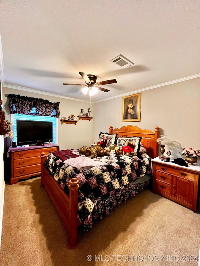 bedroom featuring carpet flooring, ceiling fan, and ornamental molding