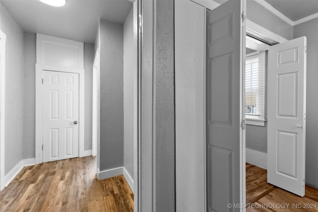 hallway with hardwood / wood-style flooring and crown molding