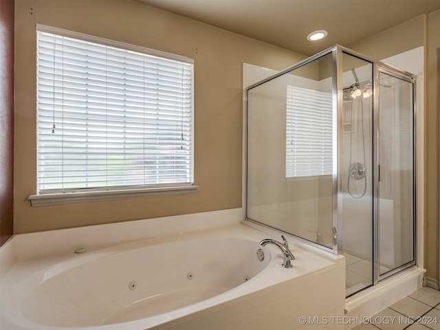 bathroom featuring separate shower and tub, tile patterned floors, and ceiling fan