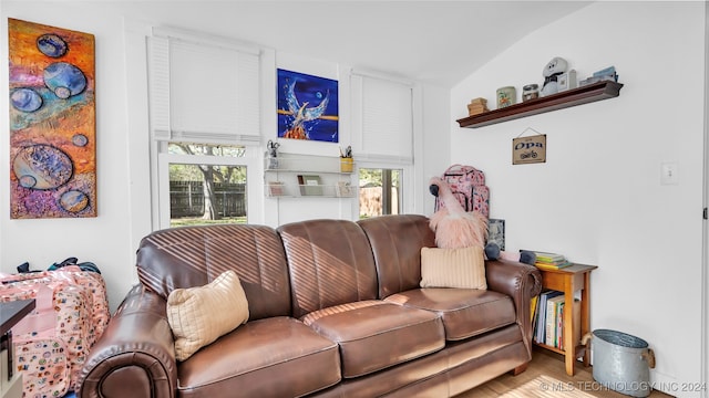 living room with a wealth of natural light, light hardwood / wood-style floors, and vaulted ceiling