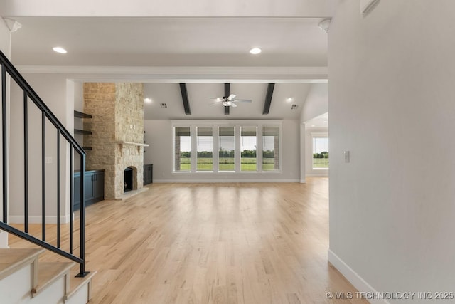 17537 S 56th E Ave, Bixby, OK 74008 - unfurnished living room featuring ceiling fan, baseboards, stairway, and recessed lighting
