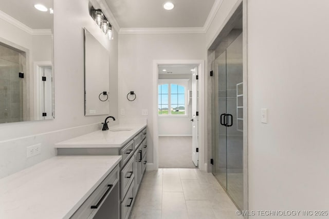 17537 S 56th E Ave, Bixby, OK 74008 - full bath with vanity, a stall shower, ornamental molding, tile patterned floors, and recessed lighting