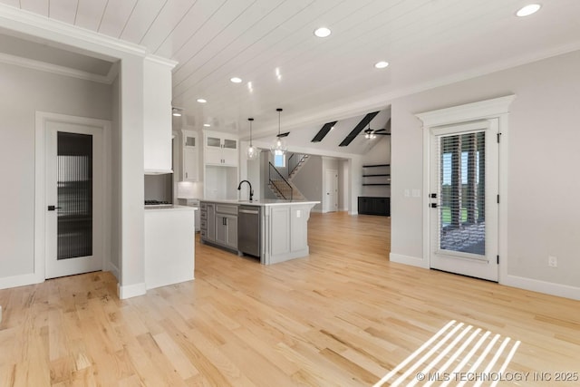 17537 S 56th E Ave, Bixby, OK 74008 - kitchen with dishwasher, ornamental molding, recessed lighting, wood ceiling, and white cabinets