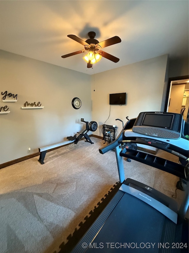 exercise area with carpet and ceiling fan