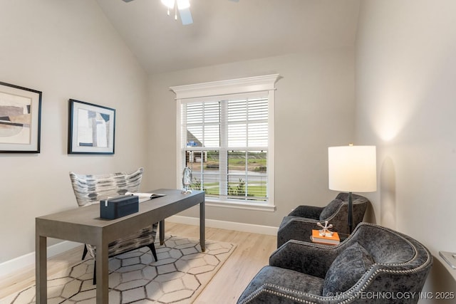 2708 W Van Buren Ct, Broken Arrow, OK 74134 - home office with a ceiling fan, light wood-style flooring, and vaulted ceiling